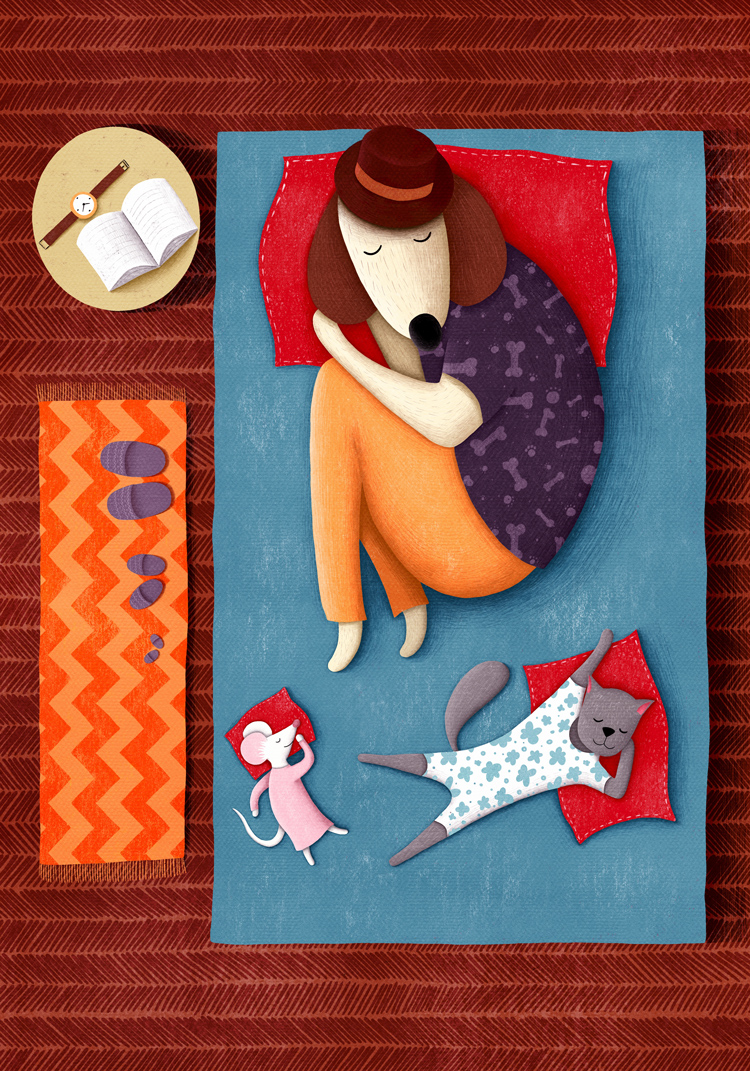 Color digital illustration of a dog, cat and mouse