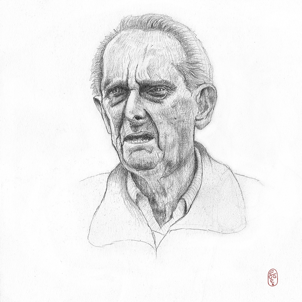 Black and white pencil portrait drawing of an old man