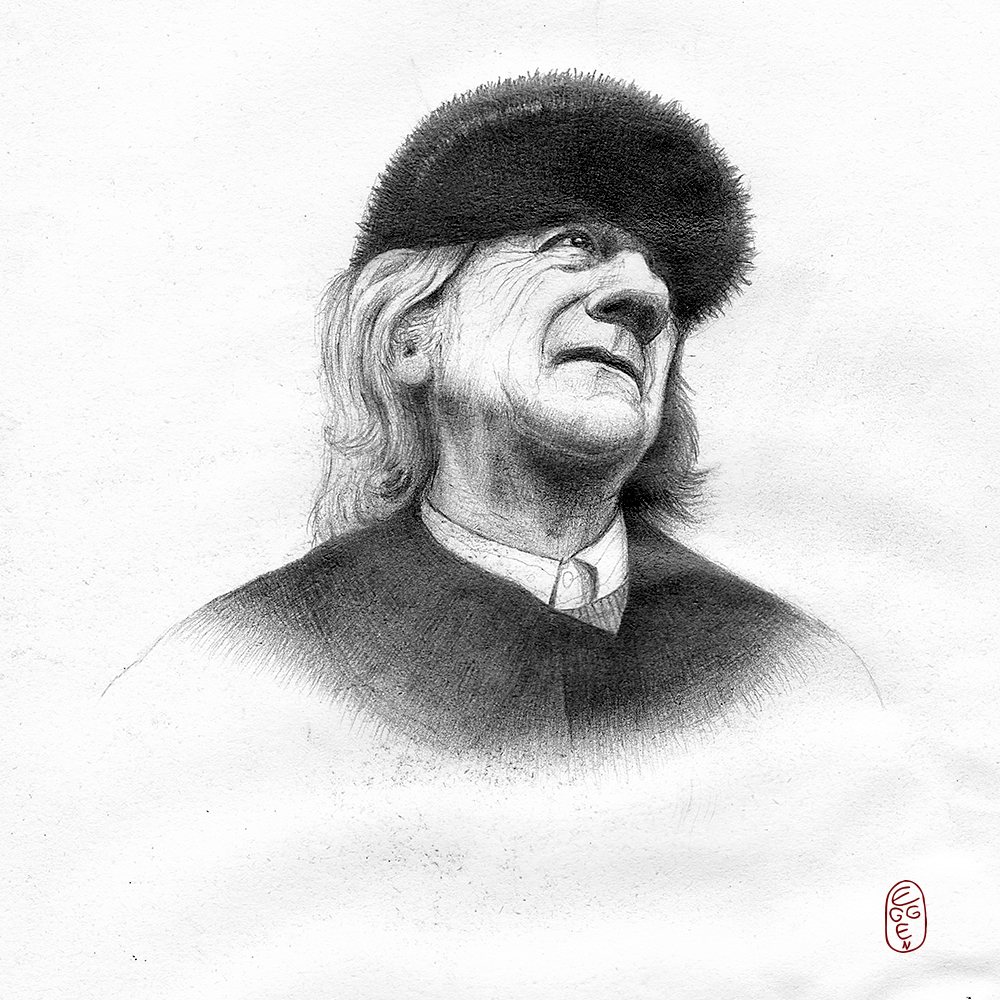 Black and white pencil portrait drawing of an old man