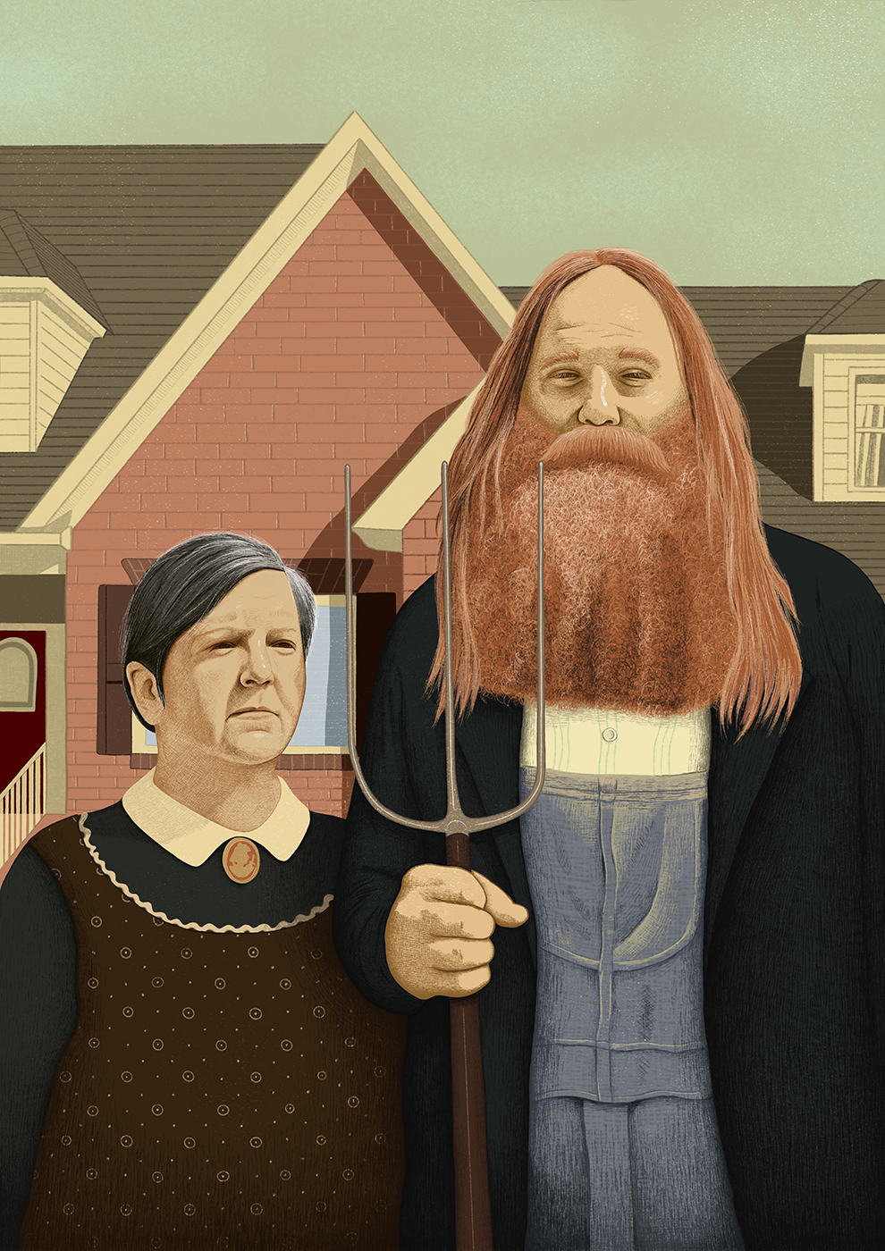 commission drawing of a couple in the style of an american gothic painting